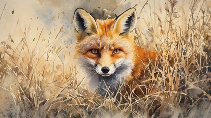Fototapeta premium Watercolor red fox sneaking through tall grass, with vibrant orange fur.