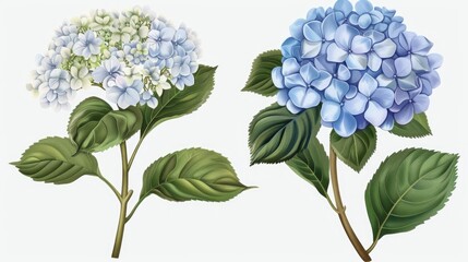 Hydrangea illustrations. Realistic depictions of flowers and leaves for patterns or invitations.