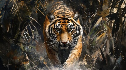 Watercolor tiger prowling through a dense jungle, with soft, realistic details.