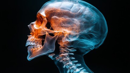 A sideview Xray of a human skeleton with the jawbo 0325 
  light, smoke, energy, fractal, blue, motion, dark, design, backgrounds, water, brain, glow, loop, animation, black, concept, fire, x-ray, pow