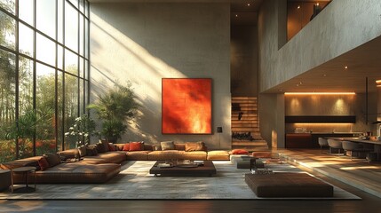 A stylish living room with modern furniture and ar 0300 interior, room, table, home, furniture, hotel, chair, living, design, living room, sofa, house, luxury, architecture, window, tv, nobody, restau