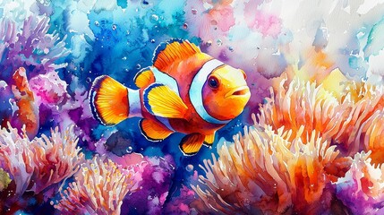 Watercolor clownfish darting among sea anemones, with bright, vivid hues.