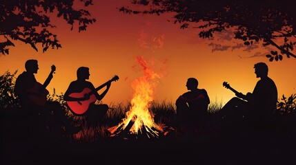 Silhouettes of people having fun around a bonfire