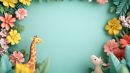 A giraffe and two other animals are standing in a field of flowers