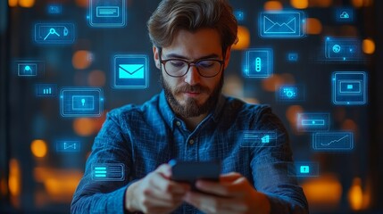 A tech enthusiast using a smartphone to manage pas 0292 business, computer, technology, people, screen, internet, woman, digital, web, concept, businessman, hand, communication, virtual, network, medi