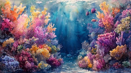 Fototapeta premium Watercolor coral garden teeming with life, with bright, vivid colors.