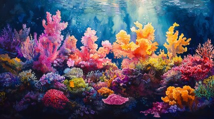 Naklejka premium Watercolor coral garden teeming with life, with bright, vibrant colors and soft edges.