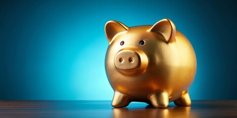 Gold pig piggy bank symbolizing wealth and prosperity, isolated on blue background with copy space