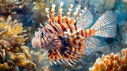 Watercolor lionfish swimming through coral, with sharp, intricate spines.