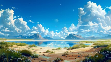 Fototapeta premium A serene landscape with a blue lake, white clouds, and distant mountains.