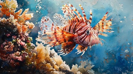 Watercolor lionfish swimming through coral, with sharp, intricate spines.