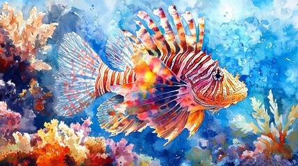 Watercolor lionfish with flowing, vibrant fins, swimming in a coral reef.