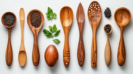 Craft a visually appealing arrangement of kitchen  0136 spoon, wooden, wood, isolated, kitchen, utensil, cooking, white, kitchenware, object, tool, spatula, utensils, traditional, food, fork, nobody, 