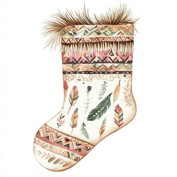 Watercolor Illustration of a Boho-Style Stocking with Feathers and Geometric Patterns