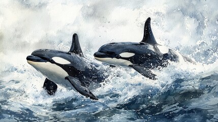 Fototapeta premium Watercolor orca pod swimming together in icy blue waters, with gentle waves.