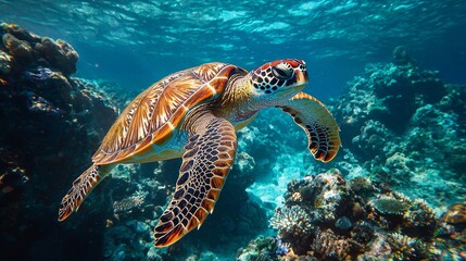 Obraz premium Watercolor sea turtle gracefully swimming through a coral reef, with soft, fluid lines.