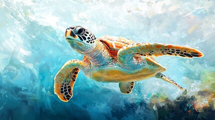 Obraz premium Watercolor sea turtle gracefully swimming through a coral reef, with soft, fluid lines.