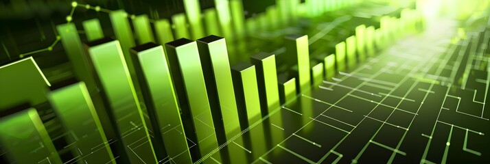 Bar charts with green color going up and down for positive Eco-investing stock market or green investment banking charts