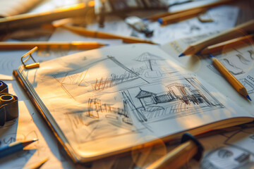 Hand-Drawn Sketches Spread Across a Sketchbook with Scattered Pencils &ndash; Gentle Lighting Captures the Moment of Idea Formation, Perfect for Creative Projects and Design Inspiration
