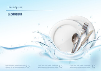3d realistic vector illustration. Washing dishes banner. Clean white plates with cutlery, spoon, fork and knife with water splashes.