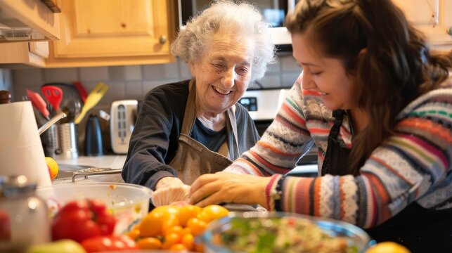 Home health aide preparing a meal for an elderly client