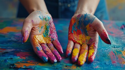 Creative Expression. Close-up of a woman's hands covered in vibrant acrylic paint