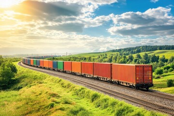 Obraz premium Freight train rolling through a vast open landscape, with cargo containers stacked high, with copy space. Bright midday sunlight. Expansive countryside