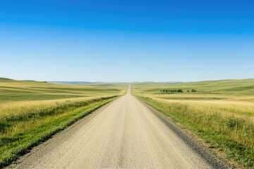 A serene gravel road stretches into the distance, surrounded by vibrant green fields and a clear blue sky.