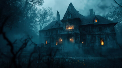 An exterior shot of a haunted house at night. The house is adorned with cobwebs, fake spiders, and eerie lighting that casts shadows on the walls.