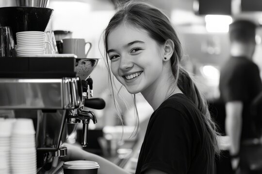 A student working a part-time job at a coffee shop, serving drinks to customers with a friendly smile