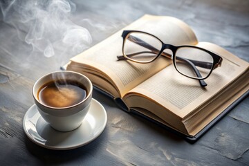 Fototapeta premium Serene minimalist flat lay featuring an open book, steaming cup of coffee, and trendy glasses, evoking a sense of morning calm and intellectual pursuits.