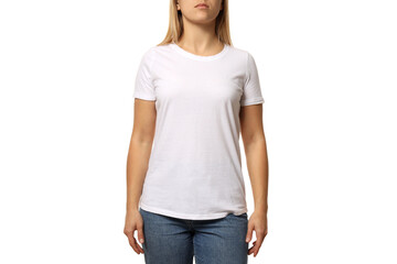 PNG,A young woman in a white T-shirt, isolated on white background