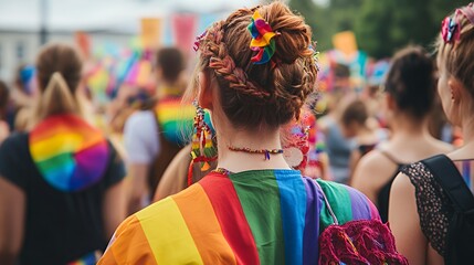 Naklejka premium A vibrant crowd at a pride event, showcasing rainbow colors and celebration.