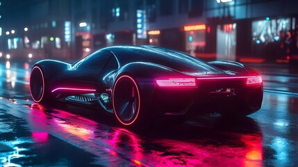 Futuristic Sports Car in Neon Cityscape