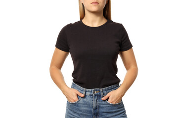 PNG,A woman in a black T-shirt, isolated on white background