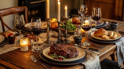 A steak luxury dinner setup on a rustic wooden table, complete with wine glasses, candles, and a vintage tablecloth.