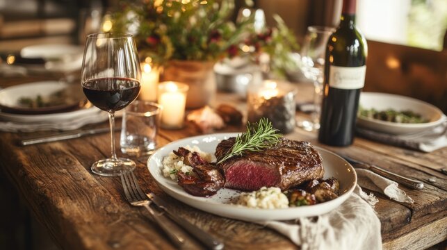 A steak luxury dinner setup on a rustic wooden table, complete with wine glasses, candles, and a vintage tablecloth.
