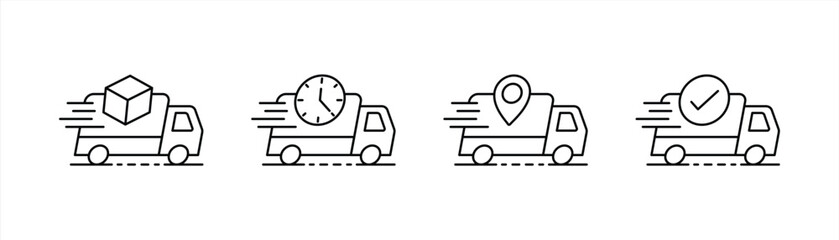 set of step online shopping icon. delivery truck icon, truck express delivery, fast shipping delivery truck icon symbol sign. vector illustration © Vriezel