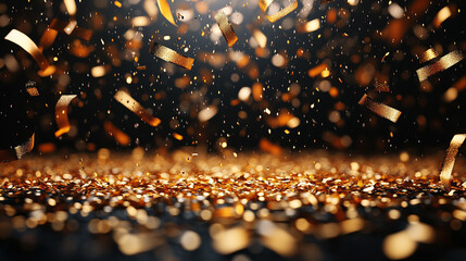 Gold confetti rains down against a black background, creating a festive, celebratory atmosphere perfect for party scenes, New Year's Eve, or special occasions