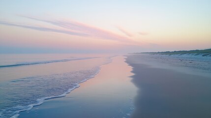 Fototapeta premium A serene beach at dawn with calm waves and soft pastel colors reflecting on the water.