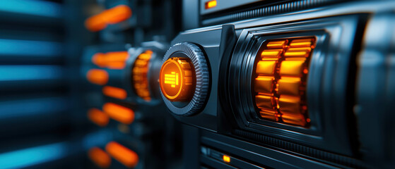 A close up of a computer keyboard with a glowing orange button