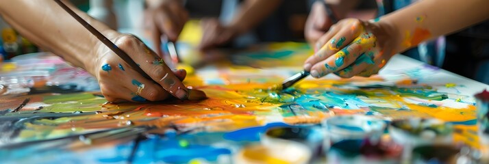 Fototapeta premium People expressing themselves doing art during an art therapy workshop, with paints, brushes, canvases. Therapeutic benefits of creativity and self-expression in mental health and emotional well-being