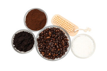 PNG, coffee body scrub, in container with brush, isolated on white background.