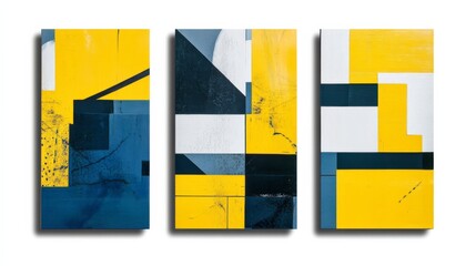 Set of Three Modern Abstract Wall Art Panels Featuring Geometric Designs in Yellow and Blue