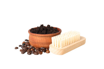 PNG, coffee body scrub, in a wooden plate, isolated on white background.