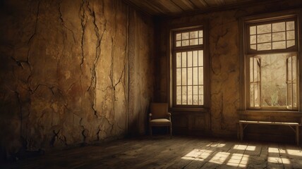Obraz premium Old abandon luxury interior room with gold light from window. Generative Image