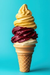 A colorful ice cream cone with three swirls of different flavors against a blue background.