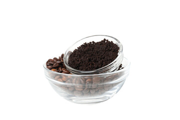 PNG, coffee body scrub, in transparent container, isolated on white background.