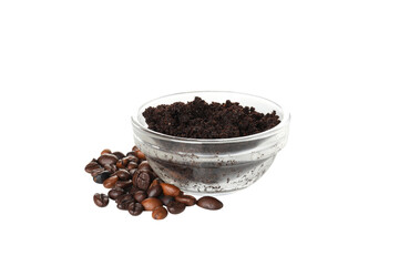 PNG, coffee body scrub, in transparent container, isolated on white background.