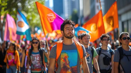Obraz premium A parade with colorful flags and banners advocating for fair wages, workers marching with pride, [Labor Day celebration], [community and labor rights awareness]